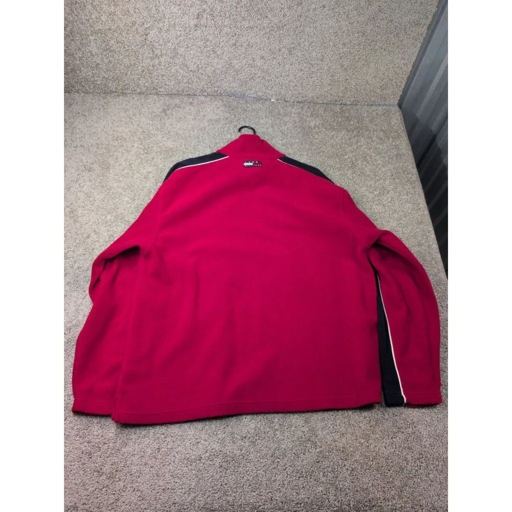 Tommy Hilfiger Mens XL Red Quarter Zip Fleece Pullover Navy White Stripe Vintage